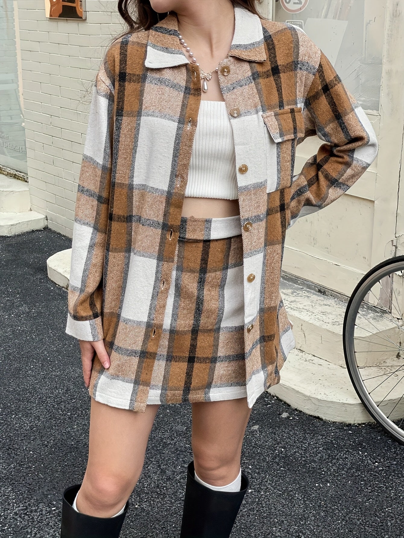 Women'S Casual Plaid Long Sleeve Coat and Mini Skirt Set - Chic Two-Piece Outfit with Button Details, Perfect for Fall/Winter, Casual Attire|Chic Two-Piece Set|Button Detailing, Winter Dress For Women, Fall Dresses For Women, Dress For Curvy Women
