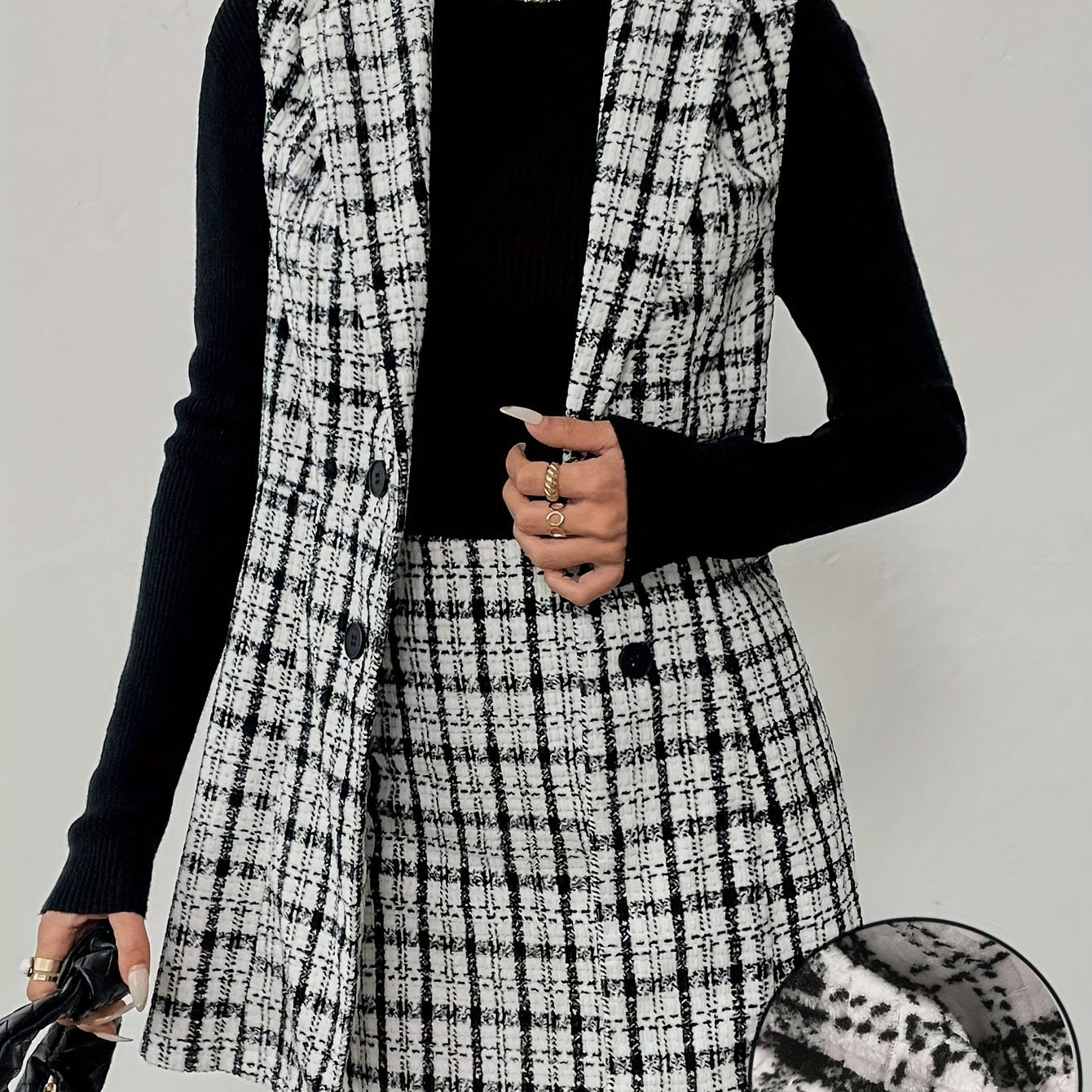 Elegant Plaid Vest & Skirt Set – Double-Breasted Winter Look