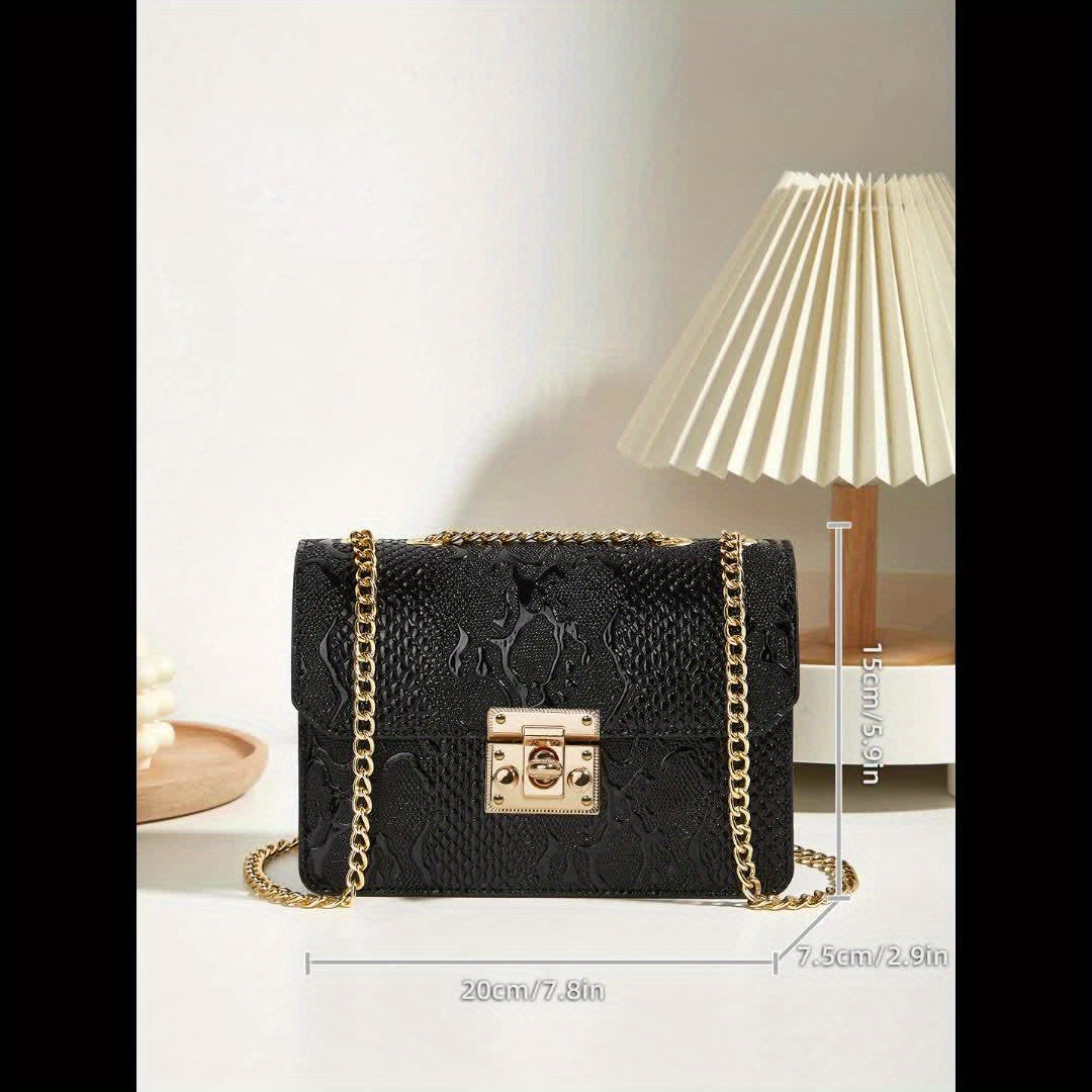 Vintage Women's Crossbody Bag - Black Synthetic Leather with Golden-Tone Chain Strap, Crocodile Texture Design, Detachable Shoulder Purse, Elegant Evening Clutch for Formal Occasions, Purse Crossbody
