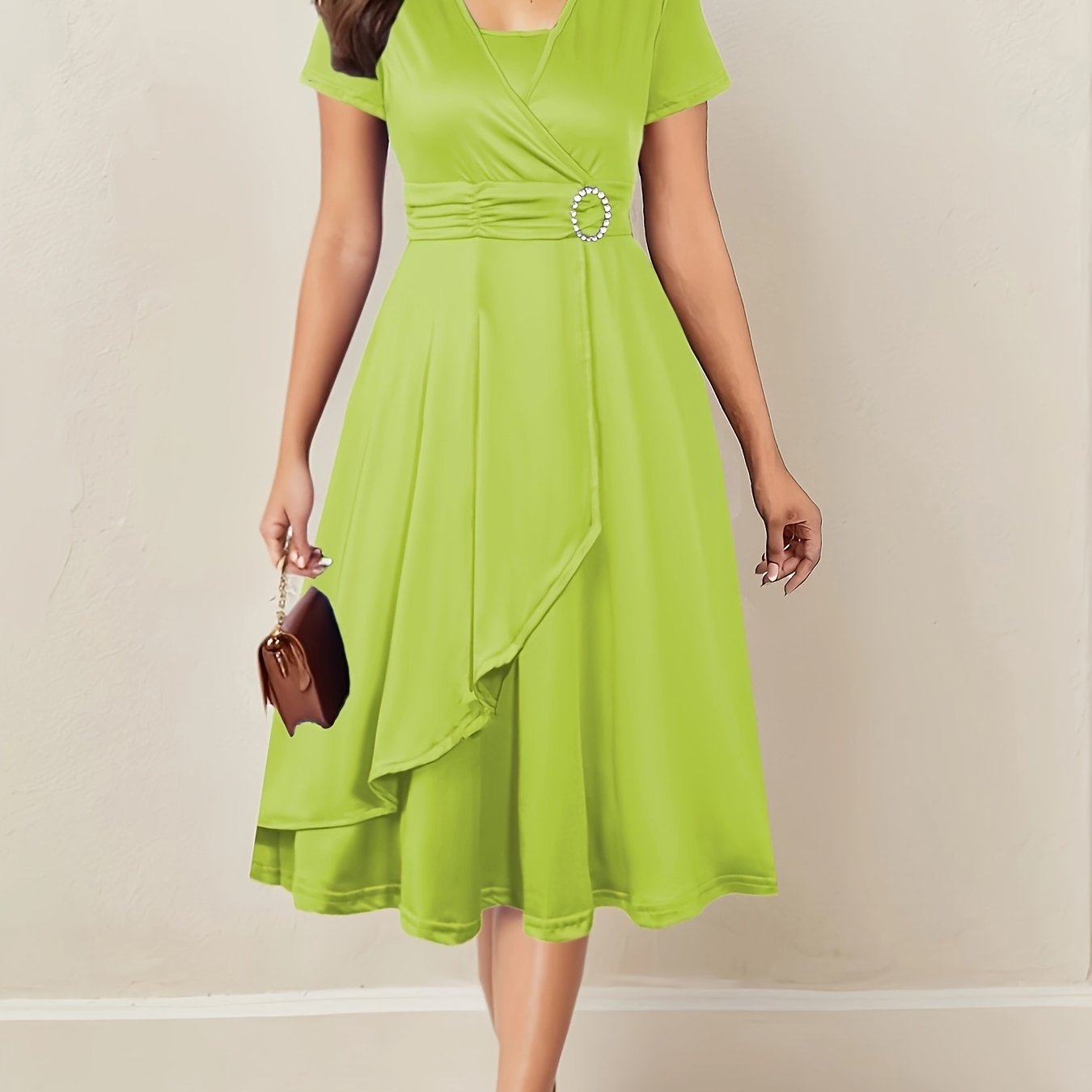 Elegant V-Neck Dress with Asymmetric Waist and Rhinestones