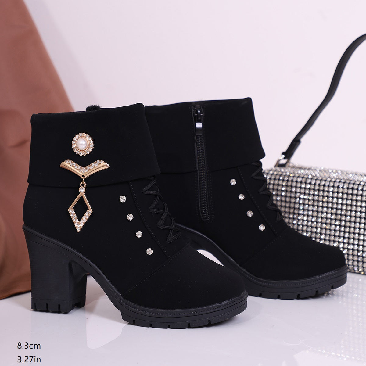 Women'S Black Faux Cover Ankle Boots with Chunky Platform Heel, Golden-Tone Buckle & Chain Accents, Round Toe & Zipper Closure - All-Season Casual Boots, High Heel Boots, Stylish Footwear, Durable Rubber Sole