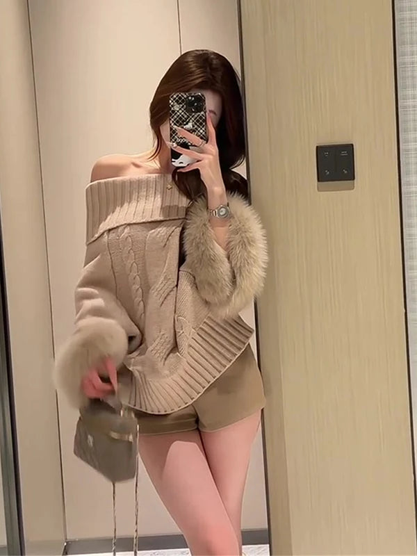 oulder-Baring Long Sve Cloak Sweater Women Loose Slimming High-End Spicy Girl Autumn Faion Pure Desire Thousand Gold Wind