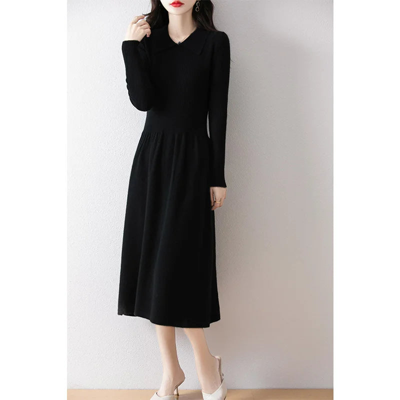 Elegant Women's Wool Polo Collar Dress