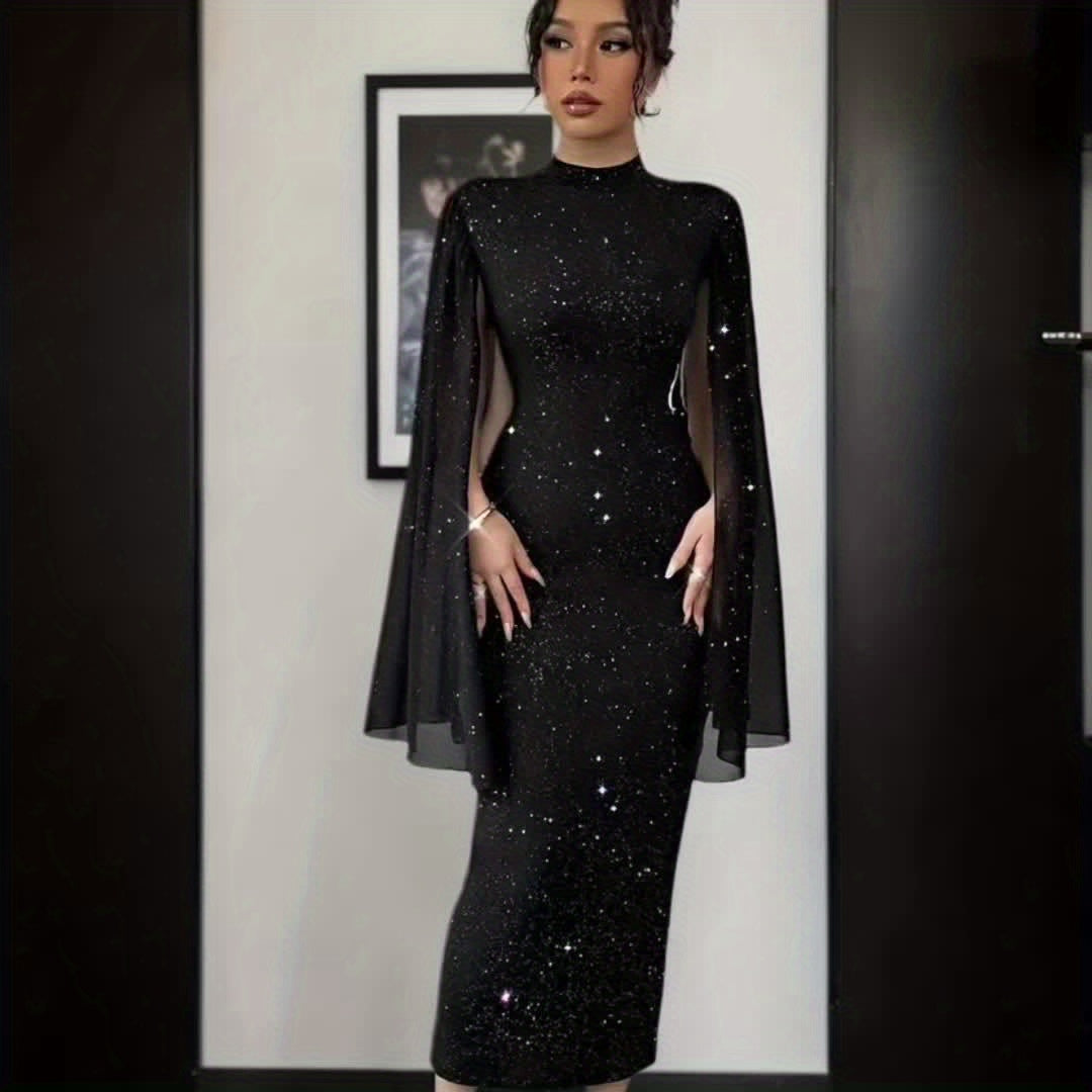 Vestido Justo de Lantejoulas Elegante e Brilhante de Decote Alto para Mulher com Mangas Balão - Vestido de Noite Formal Longo e Brilhante para Festa, Silhueta H-Line Slim Fit