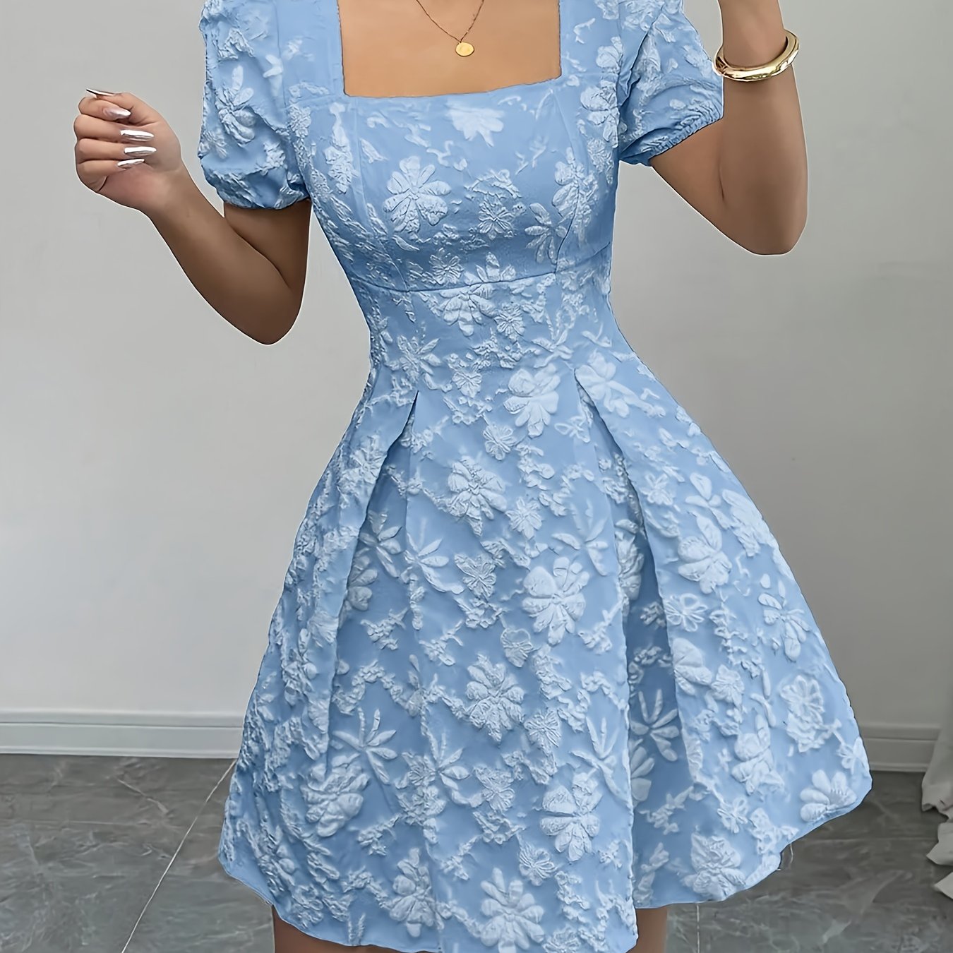 Elegant Floral A-Line Dress – Puff Sleeves & All-Season Chic