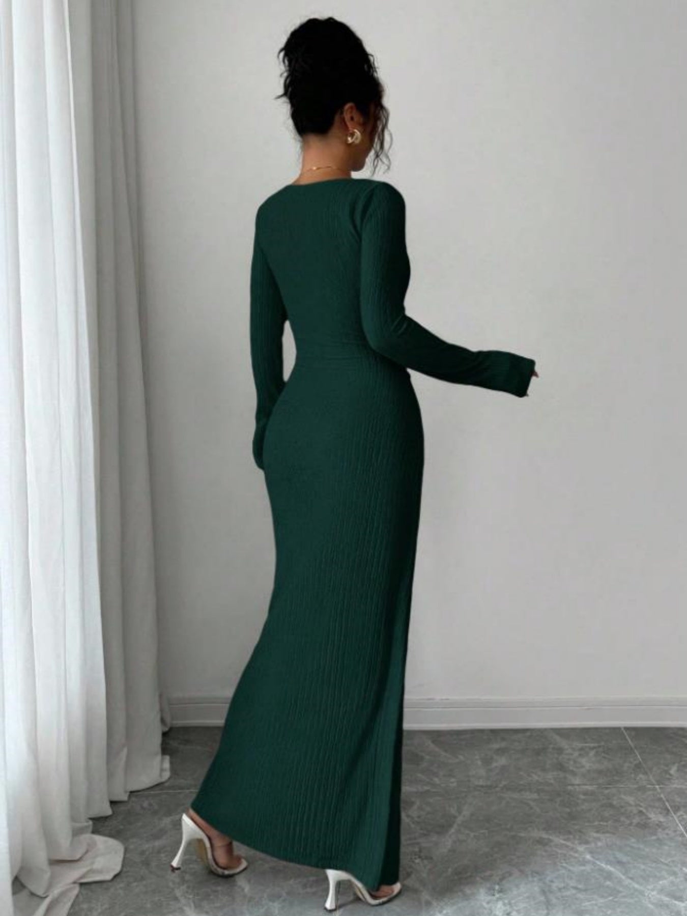 Women's Elegant Long Sleeve Mermaid Dress with Asymmetrical Neckline & Slit - Long Train Maxi Length, High-Low Hem, Brown (Formal Wedding Guest/Bridesmaid Gown) - Machine Washable Stretch -like Party Wedding Dress