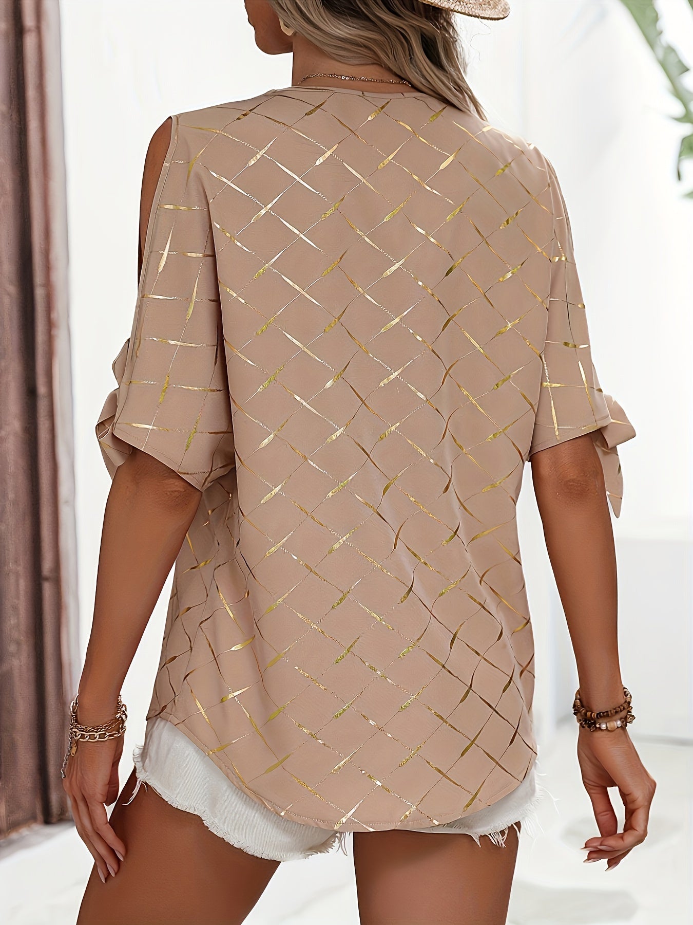 Elegant V-Neck Plaid Blouse with Shoulder Cut-Outs - 100% Polyester Woven Shirt for Women, All-Season Elegant Style