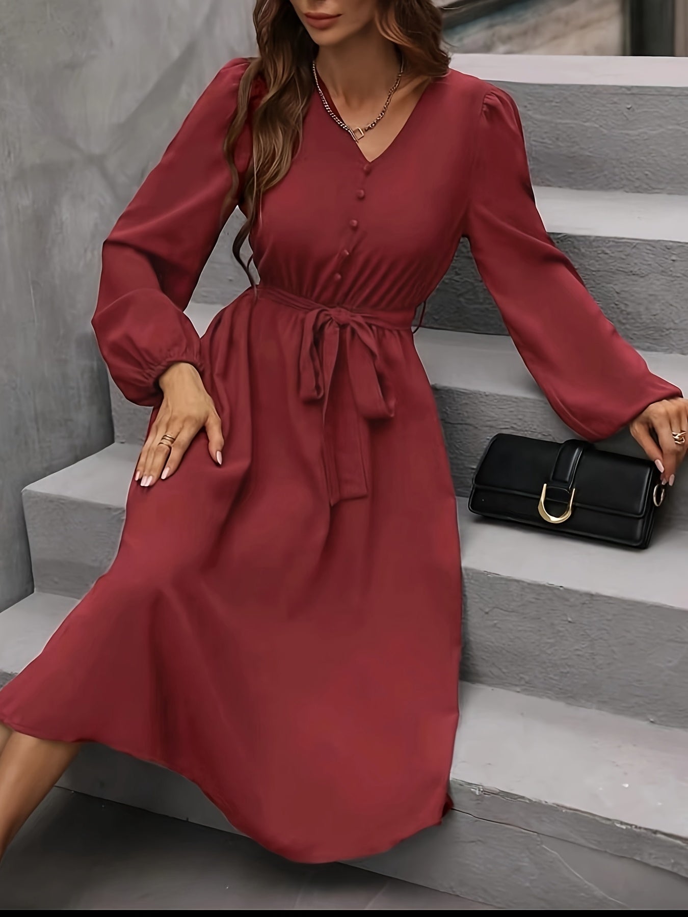 Women'S French Vintage Burgundy V-Neck Dress with Ruffled Sleeves & Waist Tie - Elegant A-Line Party Wedding Guest Dress, Flattering Fit for Christmas Gala