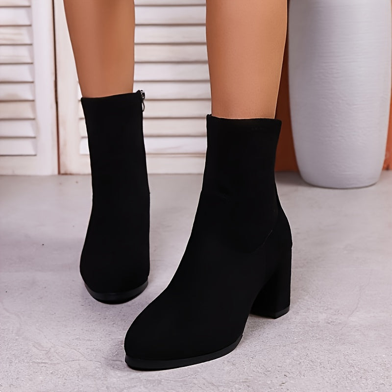 Women'S Chunky Heel Ankle Boots with Side Zipper - Pointed Toe Thick Heel Fabric Upper & Rubber Sole, Solid Color Versatile Booties for Casual & Formal Outfits, Easy On/Off Comfortable High Heel Boots, Formal Footwear, Sleek Boot Design, Durable Traction Footwear, Office Wear, Quality Construction, Stylish Ladies