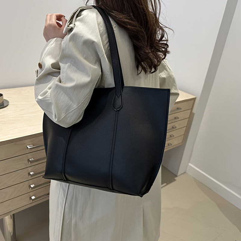 Women'S Large Capacity Tote - Elegant Minimalist Hand with Golden-Tone Hardware & Buckle Closure, Fixed Strap & Detachable Strap, Golden-Tone Hardware, Versatile For Work, Travel