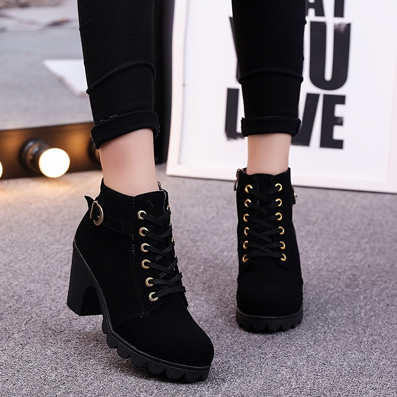 Chunky Block Heel Dress Boots with Side Zipper & Lace-Up Closure - Mid-Calf Length, Round Toe,  Upper &  Sole - All-Season Casual/semi-Formal Wear (Solid Color)