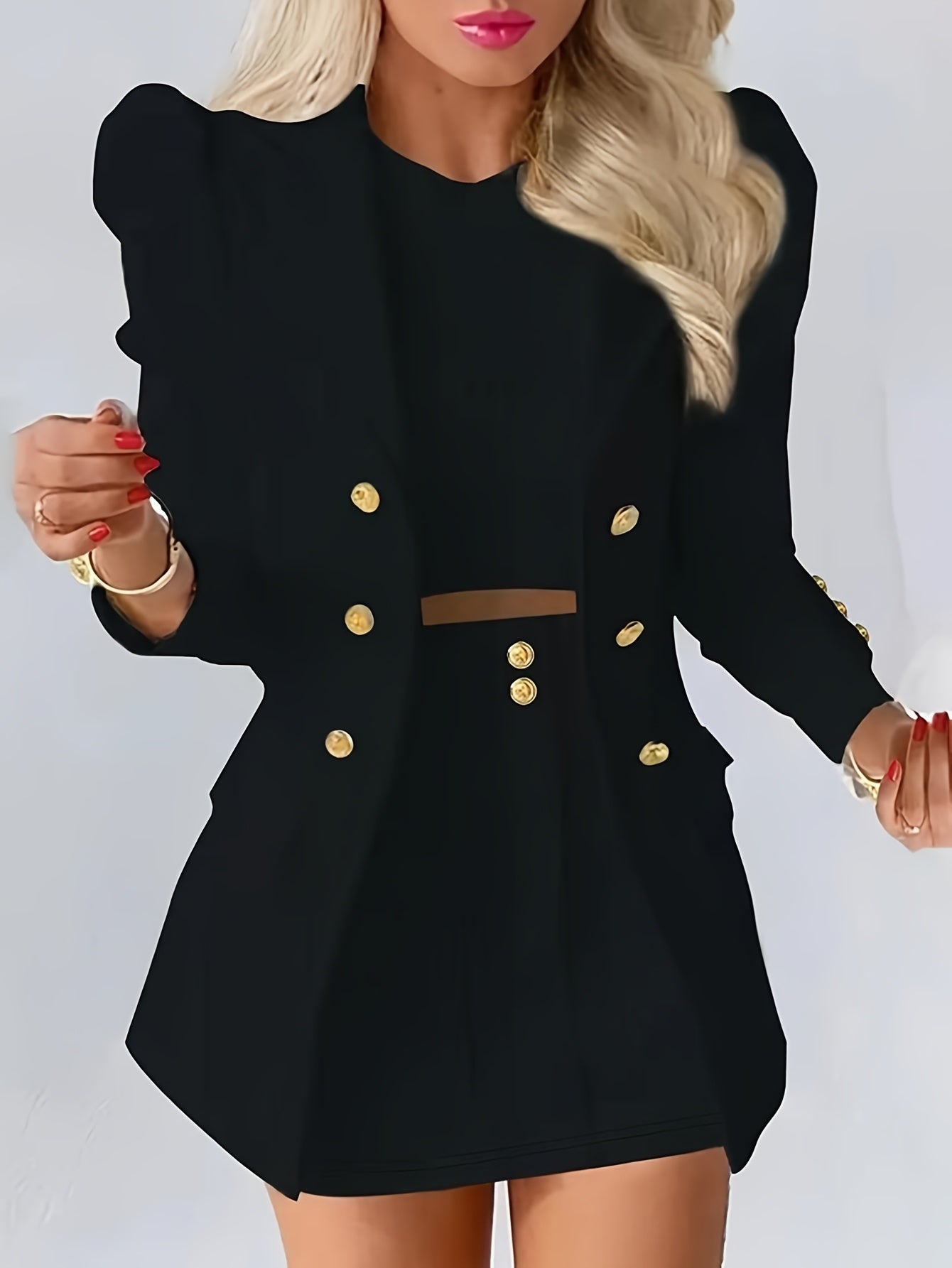 Ladies' Elegant Commuter Notch Lapel Double-Breasted Suit Skirt Set