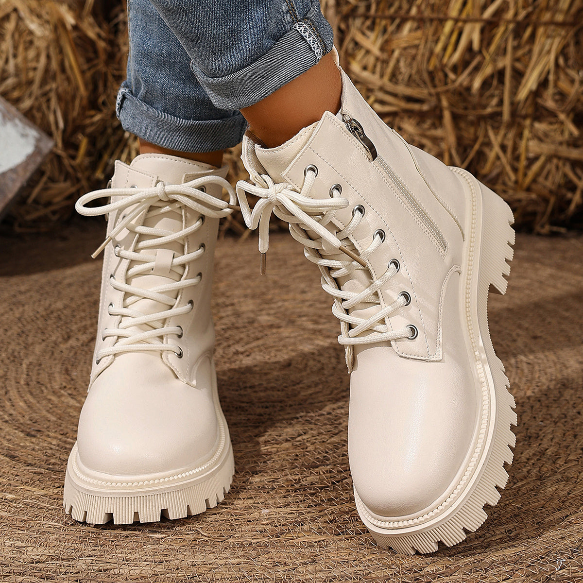 Women'S Chunky Platform Boots - Thick Platform Sole for Height & Stability, Zipper Closure, Synthetic Cover Upper - All-Season Everyday & Formal Boots - Non-Slip Rubber Outsole - Easy-Clean Shoes for Women, Versatile Footwear, Modern Footwear, Durable Construction, Fashionconscious Buyers, Casual Wear, Trendy Footwear, Sturdy Construction, Office Wear, Gothic Boots For Women, Platform Boots For Women, White Gothic Boots, Bootie, Beige Purse And Booties, Beige Moccasin Boots For Women