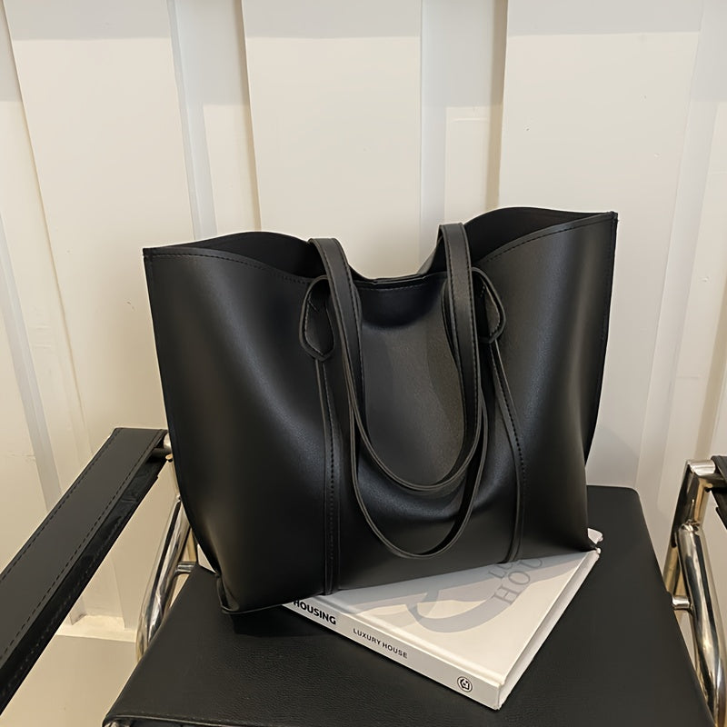 Women'S Large Capacity Tote - Elegant Minimalist Hand with Golden-Tone Hardware & Buckle Closure, Fixed Strap & Detachable Strap, Golden-Tone Hardware, Versatile For Work, Travel