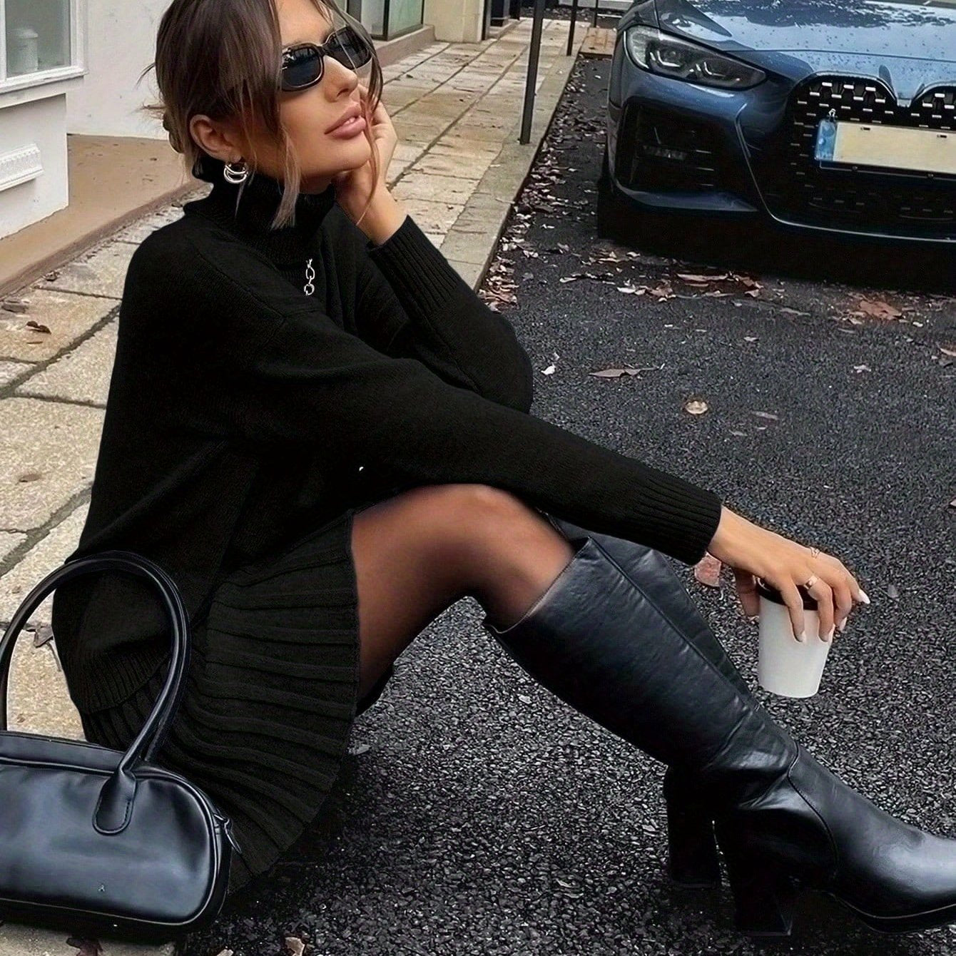 Chic Two-Piece Set: High Neck Top & Pleated Skirt