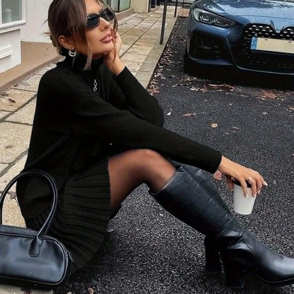 Chic Two-Piece Set: High Neck Top & Pleated Skirt