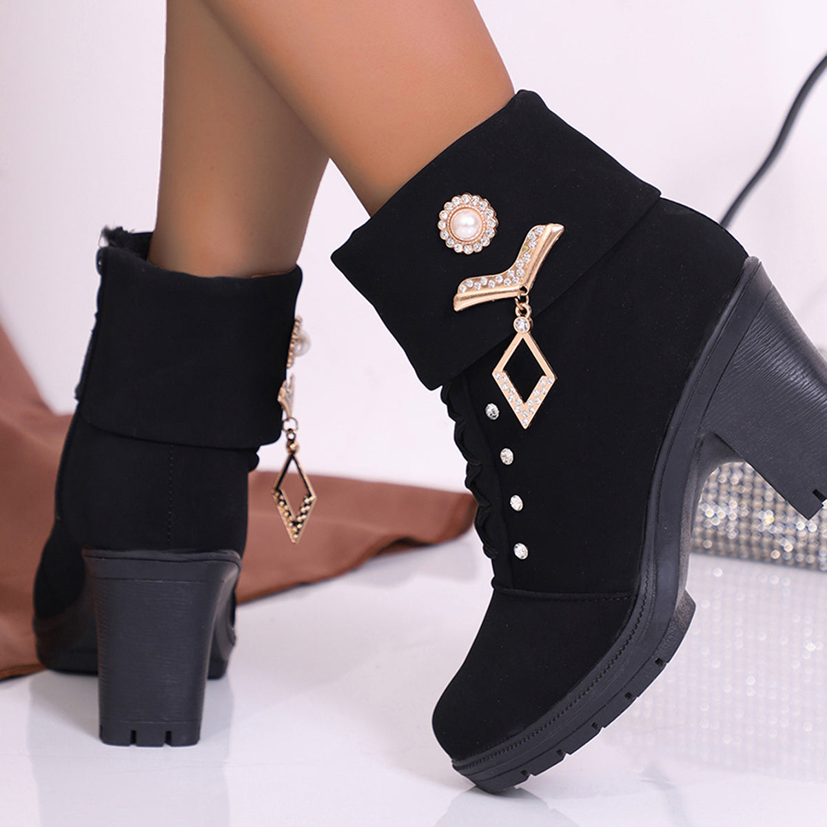 Women'S Black Faux Cover Ankle Boots with Chunky Platform Heel, Golden-Tone Buckle & Chain Accents, Round Toe & Zipper Closure - All-Season Casual Boots, High Heel Boots, Stylish Footwear, Durable Rubber Sole