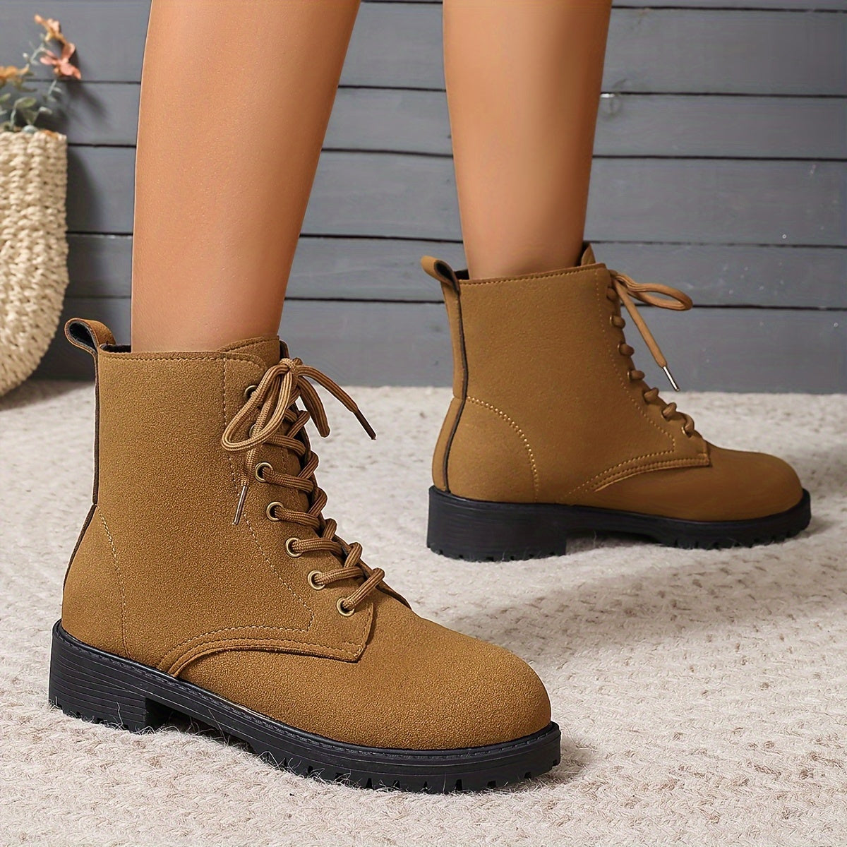 Women'S British Style Black High-Top Ankle Boots - Casual Winter Lace-Up Short Boots with Flat Rubber Sole, Round Toe & Fabric Upper for Casual Attire, Winter Boots, Round Toe Design, Durable Rubber Sole