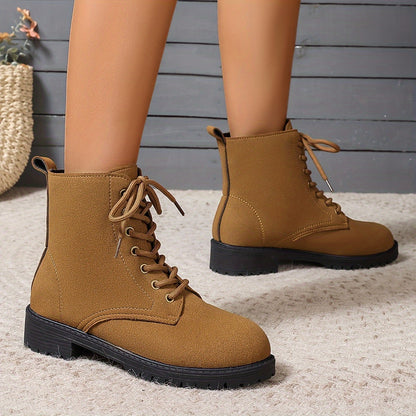 Women'S British Style Black High-Top Ankle Boots - Casual Winter Lace-Up Short Boots with Flat Rubber Sole, Round Toe & Fabric Upper for Casual Attire, Winter Boots, Round Toe Design, Durable Rubber Sole