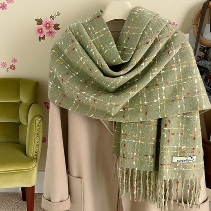 1 Peça Cachecol de Inverno para Mulheres com Forro de Fleece - Xale Grosso Xadrez com Franjas, Tassel Marrom e Bordô, Colar Macio e Quente para Clima Frio, Presente de Natal (Não Elástico, Estilo Europeu) - Bordô/Marrom/Branco