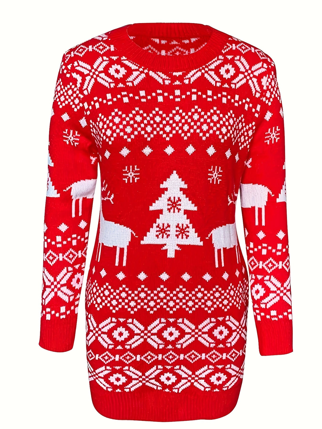 Christmas Reindeer Sweater Dress – Red Snowflake Holiday Look