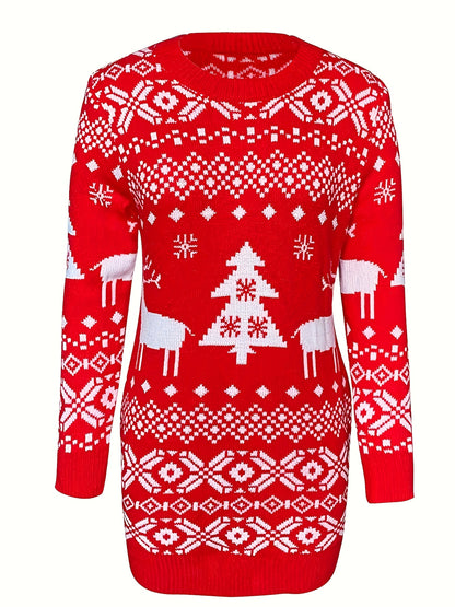 Christmas Reindeer Sweater Dress – Red Snowflake Holiday Look