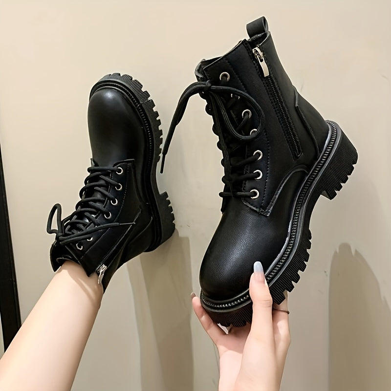 Women's Solid Color Platform Short Boots, Fashion Lace Up Side Zipper Ankle Boots, Women's Comfortable Boots