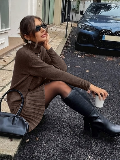 Women'S Two-Piece Set, High Neck Top + Pleated Skirt Outfit, Perfect for Fall, Stylish Outfit, Chic Outfit, Trendy Outfit, Cozy Outfit, Comfortable Outfit, Casual Outfit, Casual Wear, Fall Fashion, High Neck Top, Pleated Skirt, Matching Set