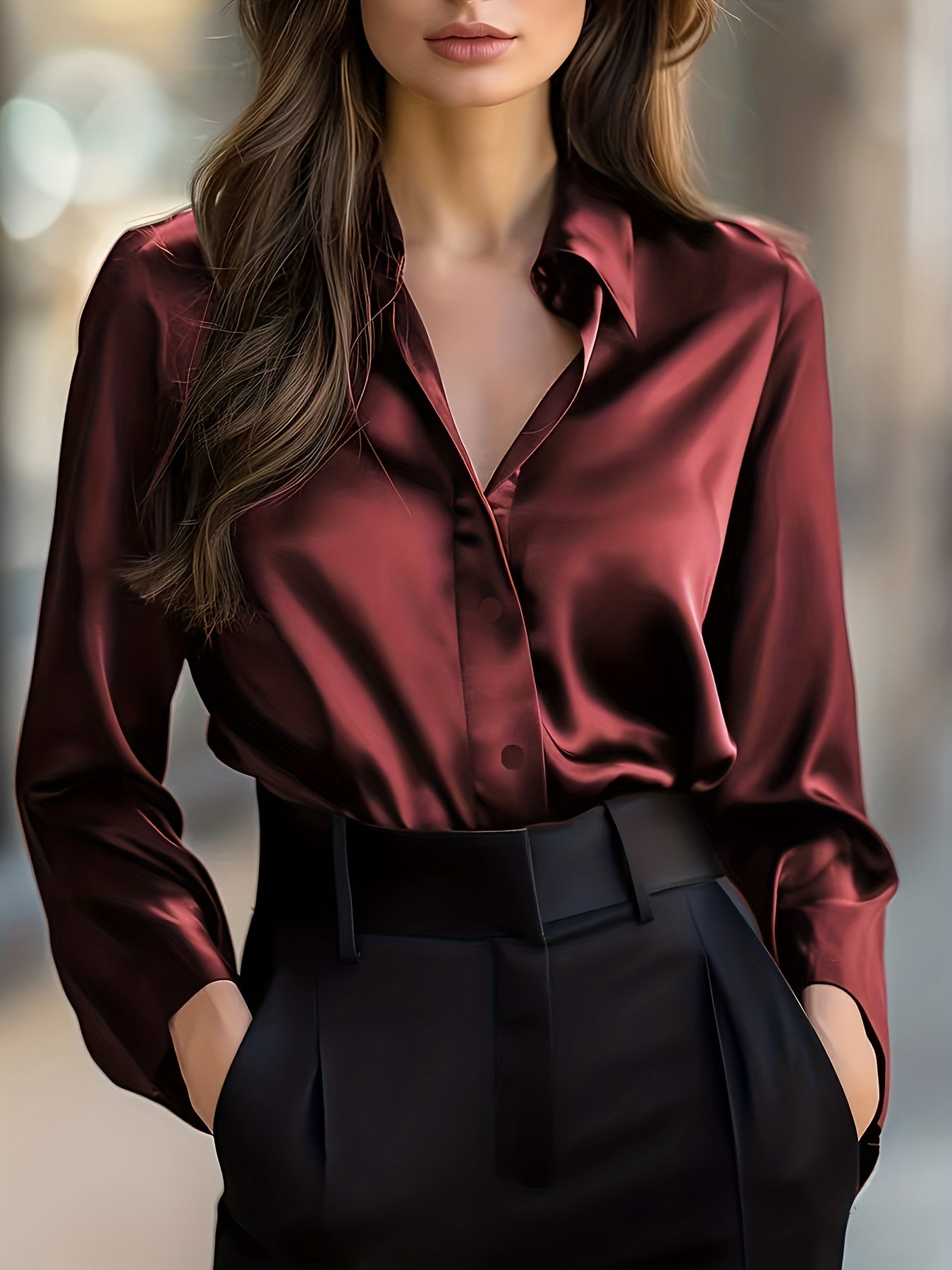 Women'S Elegant Satin Shirt - Long Sleeve Blouse with V-Neck, Button-Front Closure, Office to Party Tops - Soft Satin-like Fabric for Women - Spring/Fall Wardrobe