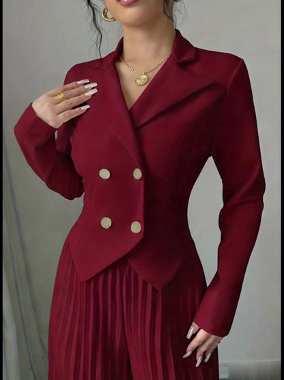Women'S Elegant Solid Color Slim-Fit Blazer & Wide-Leg Pants Two-Piece Set - Long Sleeve Button-Up Jacket with Pockets, Flared Legs, and Structured Fit, All-season Versatile Office To Casual Wear, Versatile Fashion, Sophisticated Style