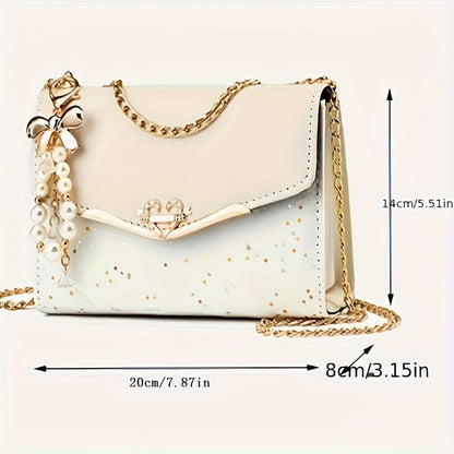 Elegant Sequin and Pearl Embellished Messenger Bag with Golden Chain Strap | Fashion Flip Cover, Adjustable Shoulder Strap, Ideal for Parties and Gifts, White Ivory Color, Magnetic Snap Closure, Dual Large Compartments