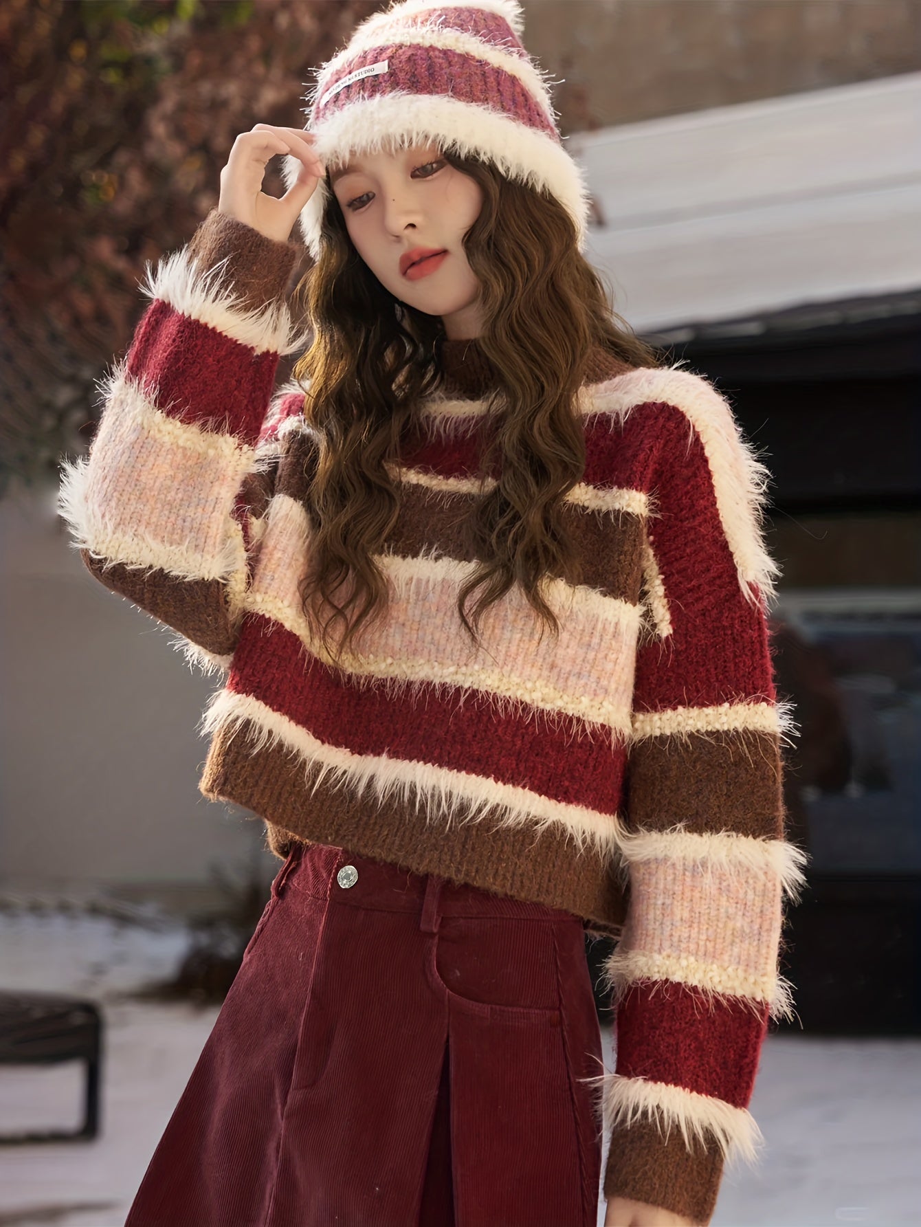 Christmas Halloween Theme - ootd Korean Fall Denim Skirt and Striped Sweater Two Piece Set, Fashionable to Wear/ Fabric Comfortable- Clashing Stripes Design - Autumn New Style!