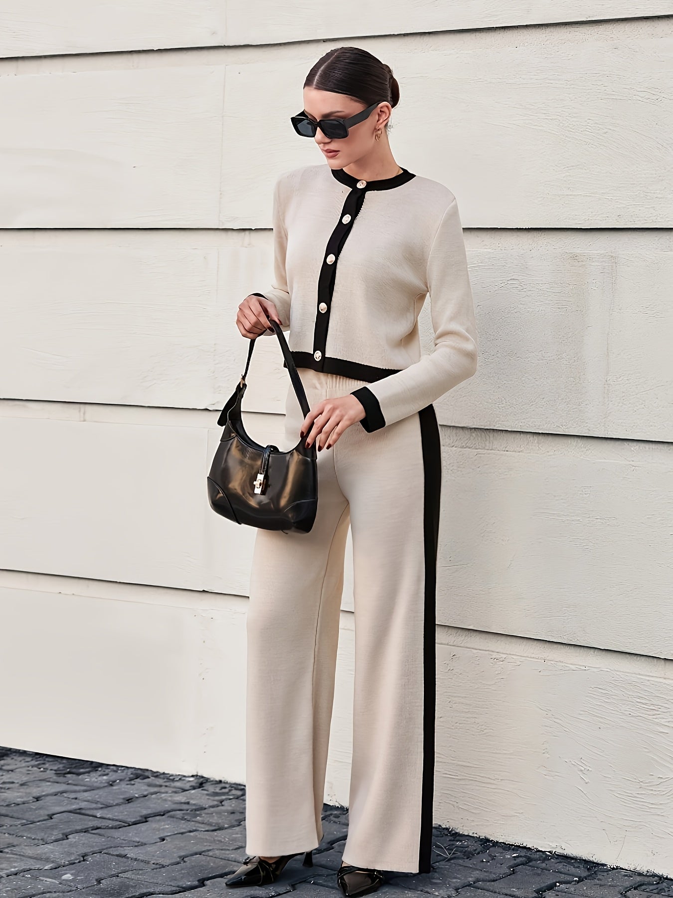 YY0429129 Autumn/Winter Fashion Women's Fabric Cardigan Two-Piece Contrast Color Set