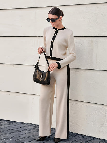 YY0429129 Autumn/Winter Fashion Women's Fabric Cardigan Two-Piece Contrast Color Set