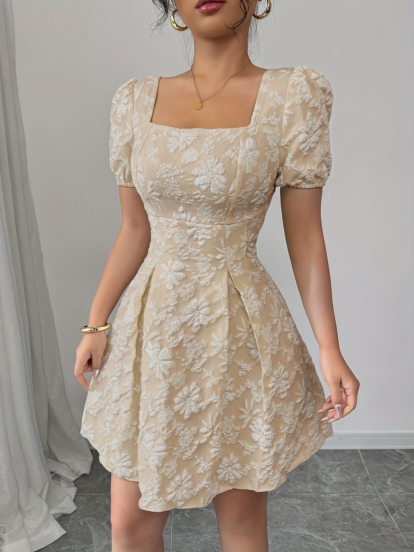 Elegant Floral A-Line Dress – Puff Sleeves & All-Season Chic