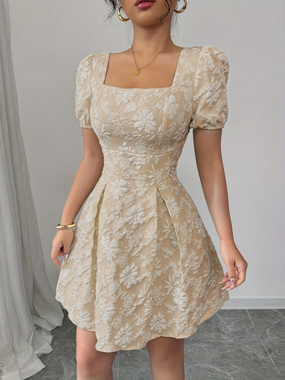 Elegant Floral A-Line Dress – Puff Sleeves & All-Season Chic