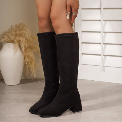 Women's Low Block Heel Chunky Round Toe Ankle Boots with Back Zipper - Elastic Slim-Fit Knee-High Booties, Black All-Season Casual & Dress Boots, Round-to-Pointed Tip (No Removal) for Jeans/Pants/Skirts