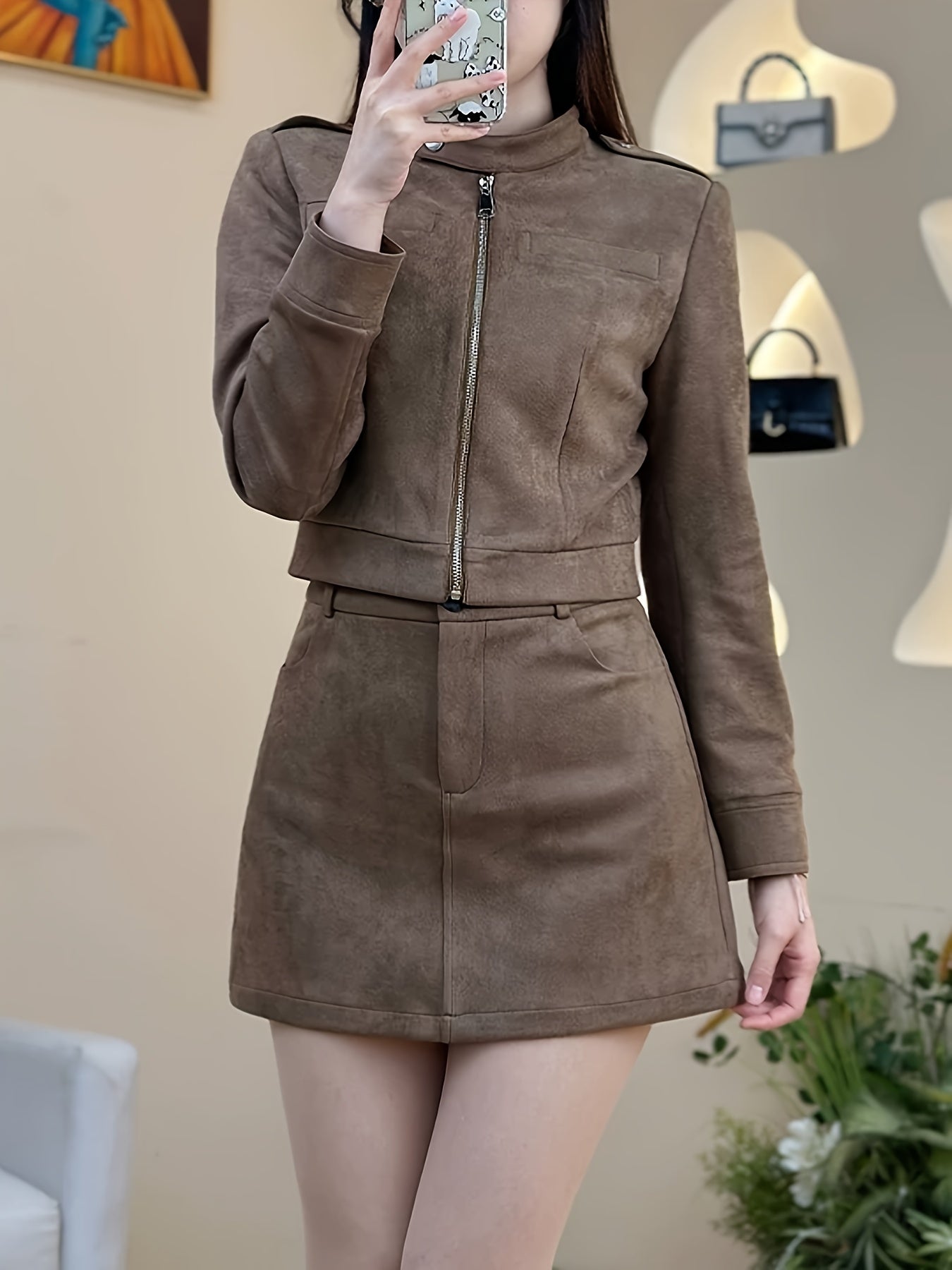 Brown Biker Style Women's Set: Short Zip-Up Jacket + High-Waisted A-Line Skirt with Zipper, Slimming Retro Two-Piece Outfit for Autumn/Winter