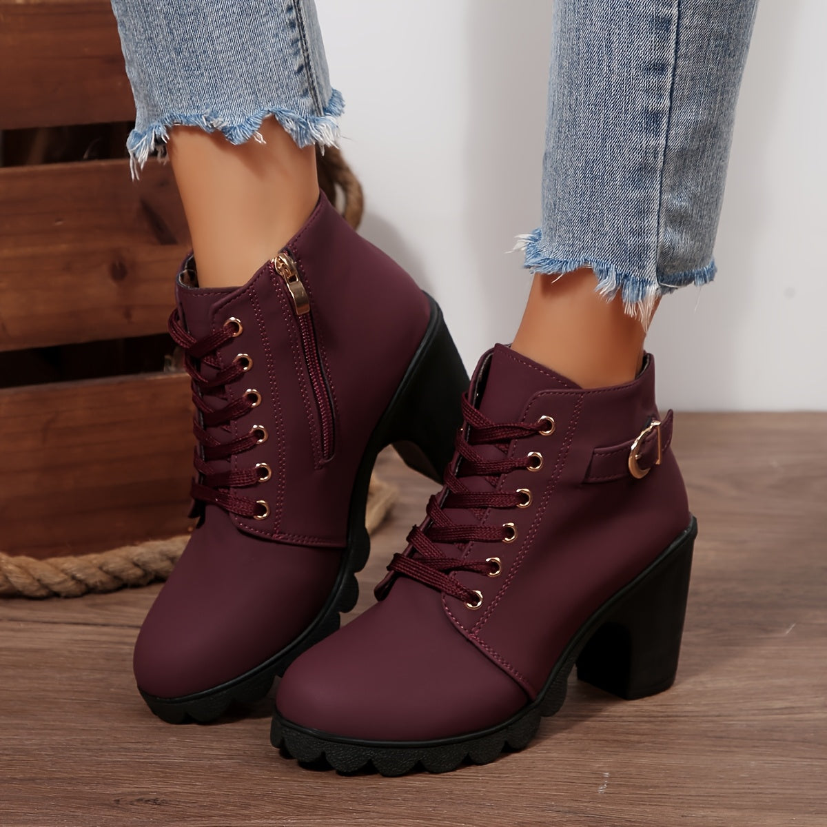 Women'S Comfortable Elegant Outdoor Lace-Up High Heels with Chunky Heel Side Zipper High Heel Ankle Boots, Solid Color, All-Season, Plain Toe, Faux Cover, Fabric Inner and Insole, Hand Washable, Casual Dress Shoes | Laceup Ankle Boots | Faux Cover Boots