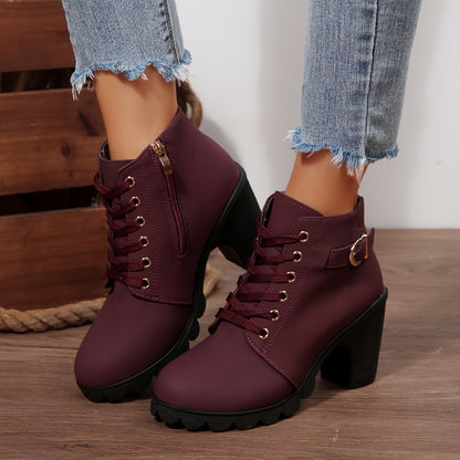 Women'S Comfortable Elegant Outdoor Lace-Up High Heels with Chunky Heel Side Zipper High Heel Ankle Boots, Solid Color, All-Season, Plain Toe, Faux Cover, Fabric Inner and Insole, Hand Washable, Casual Dress Shoes | Laceup Ankle Boots | Faux Cover Boots