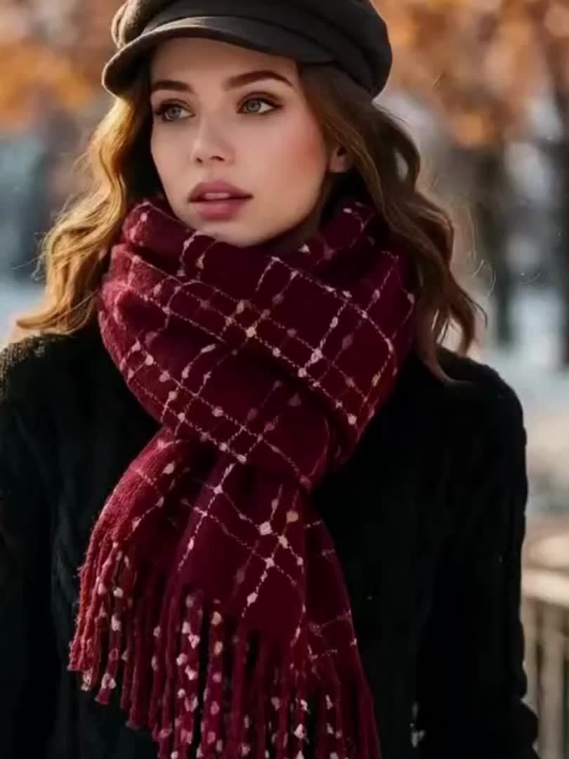1 Peça Cachecol de Inverno para Mulheres com Forro de Fleece - Xale Grosso Xadrez com Franjas, Tassel Marrom e Bordô, Colar Macio e Quente para Clima Frio, Presente de Natal (Não Elástico, Estilo Europeu) - Bordô/Marrom/Branco