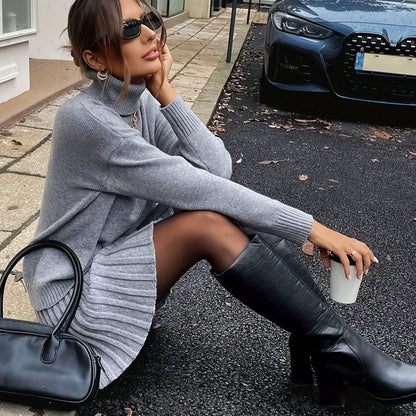 Chic Two-Piece Set: High Neck Top & Pleated Skirt