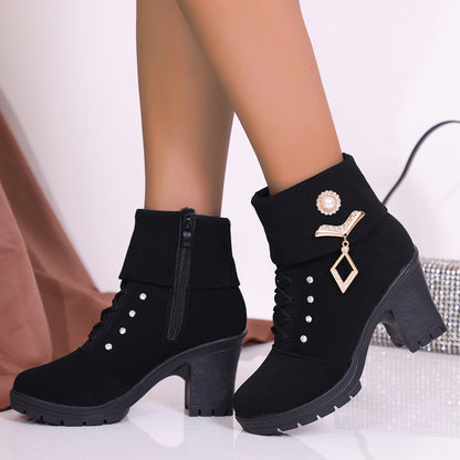 Women'S Black Faux Cover Ankle Boots with Chunky Platform Heel, Golden-Tone Buckle & Chain Accents, Round Toe & Zipper Closure - All-Season Casual Boots, High Heel Boots, Stylish Footwear, Durable Rubber Sole