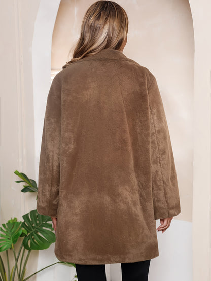 Casaco de Pele Falsa para Mulheres com Bolsos - 100% Poliéster Cor Sólida Jaqueta de Pelúcia para Outono/Inverno - Roupas Externas Tecidas para Adultos