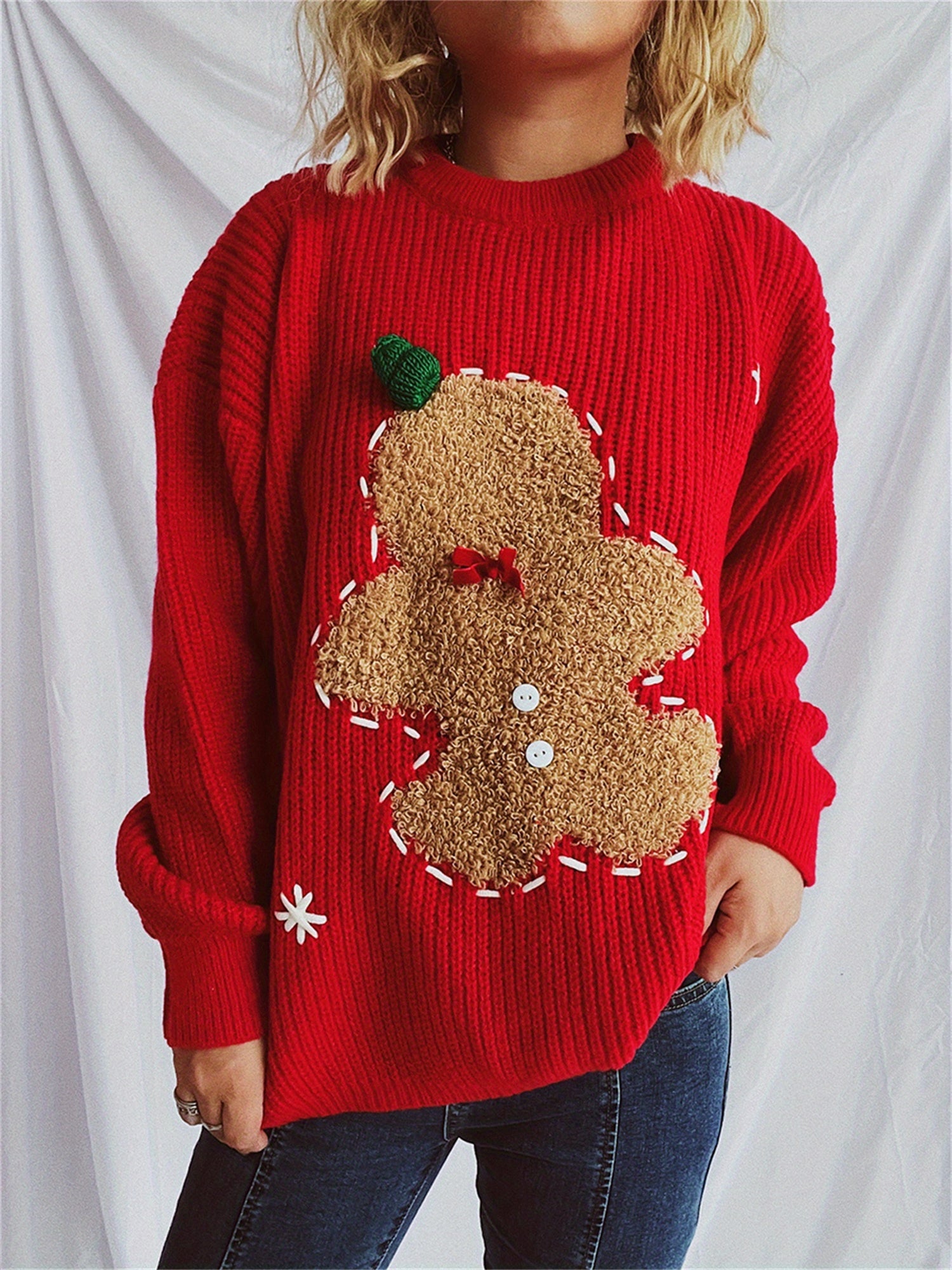 Suéter de Natal para Mulheres com Bordado de Gengibre - Blusa de Manga Longa e Gola Redonda Aconchegante, Casual para Festas de Natal e Reuniões em Família, Lavável na Máquina