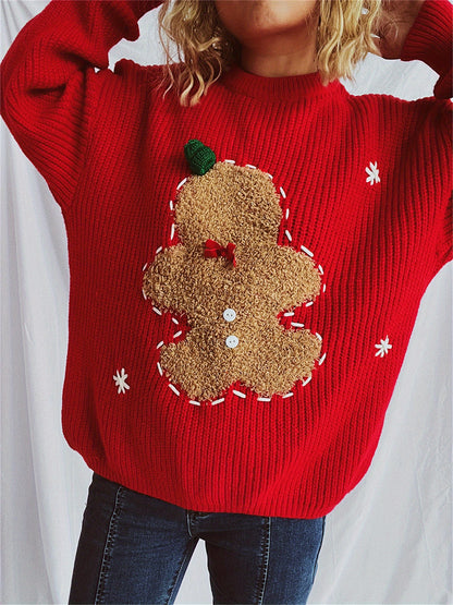 Suéter de Natal para Mulheres com Bordado de Gengibre - Blusa de Manga Longa e Gola Redonda Aconchegante, Casual para Festas de Natal e Reuniões em Família, Lavável na Máquina