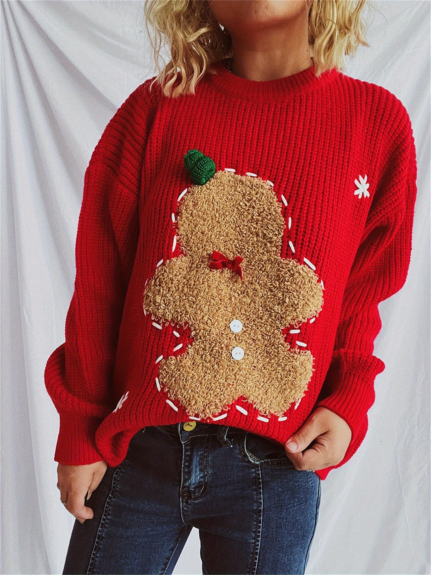 Suéter de Natal para Mulheres com Bordado de Gengibre - Blusa de Manga Longa e Gola Redonda Aconchegante, Casual para Festas de Natal e Reuniões em Família, Lavável na Máquina