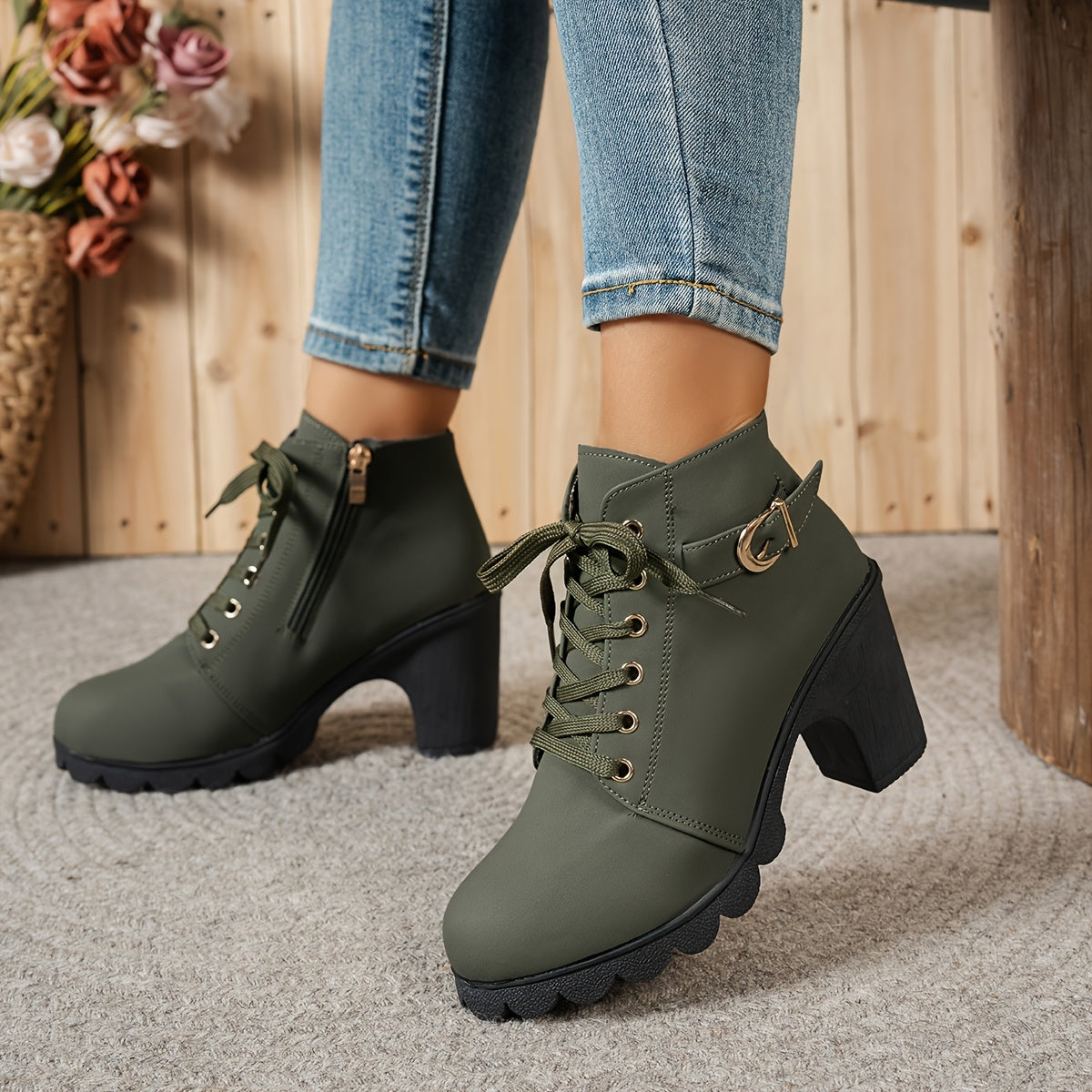 Women's Chunky Platform Ankle Boots - Side Zipper & Lace-Up Closure, Round Toe Boots with Non-Slip Rubber Sole - All-Season Cushioned Interior - Synthetic Cover Shoes in Black, Brown, Navy Green, Burgundy, Blue, Grey - for Casual, Formal, Everyday