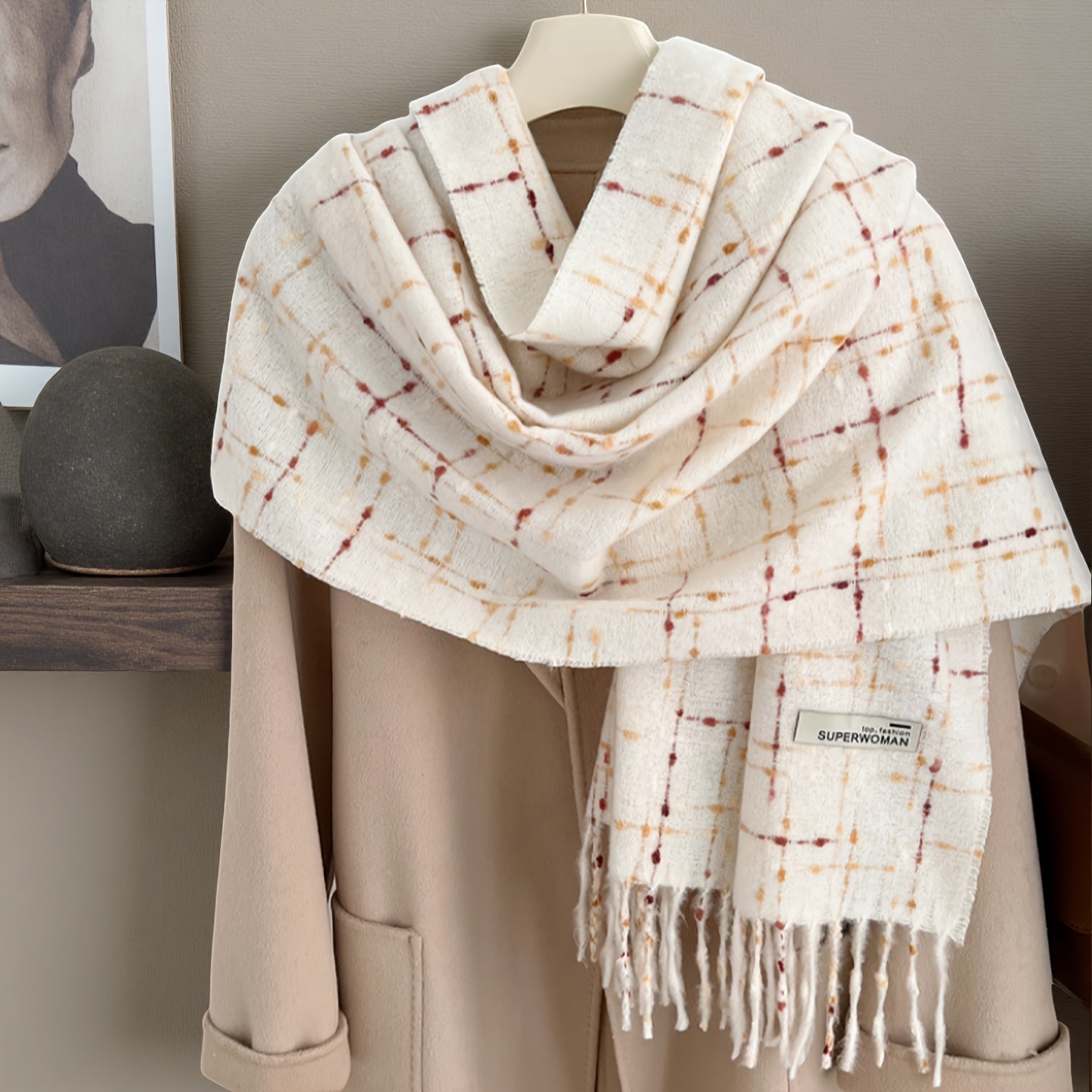 1 Peça Cachecol de Inverno para Mulheres com Forro de Fleece - Xale Grosso Xadrez com Franjas, Tassel Marrom e Bordô, Colar Macio e Quente para Clima Frio, Presente de Natal (Não Elástico, Estilo Europeu) - Bordô/Marrom/Branco