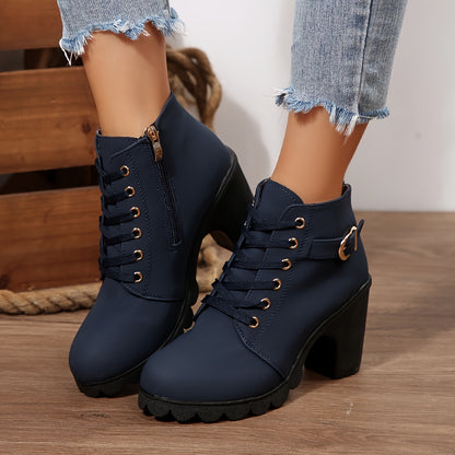 Women'S Comfortable Elegant Outdoor Lace-Up High Heels with Chunky Heel Side Zipper High Heel Ankle Boots, Solid Color, All-Season, Plain Toe, Faux Cover, Fabric Inner and Insole, Hand Washable, Casual Dress Shoes | Laceup Ankle Boots | Faux Cover Boots